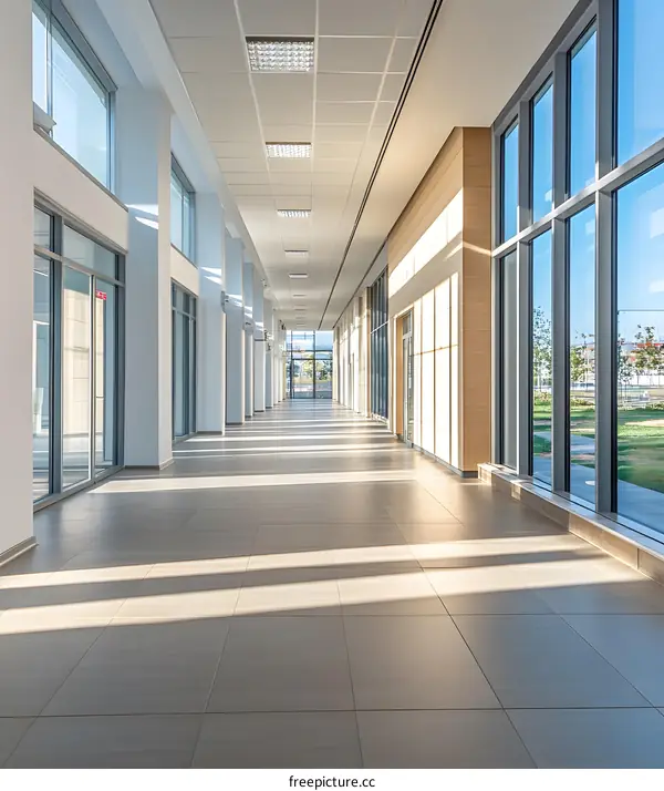 Modern Office Building Interior Corridor With Large Windows