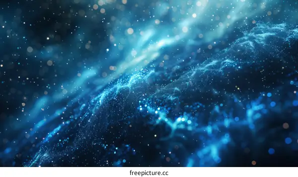 Blue and white glowing particles form an abstract background
