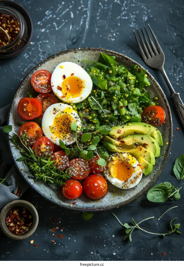 Healthy avocado salad with tomatoes, eggs and spinach