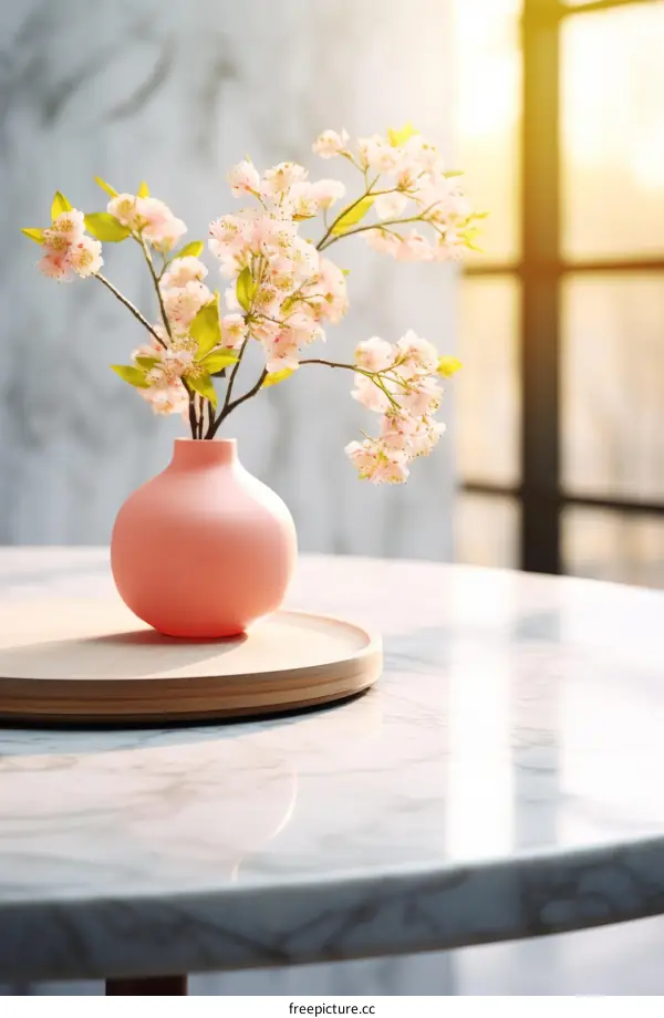 Still life of pink flowers in vase on marble table