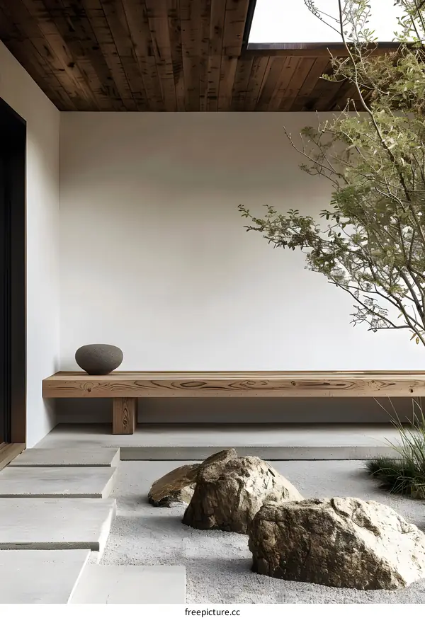 Minimalist Zen Garden with Wooden Bench and Stones