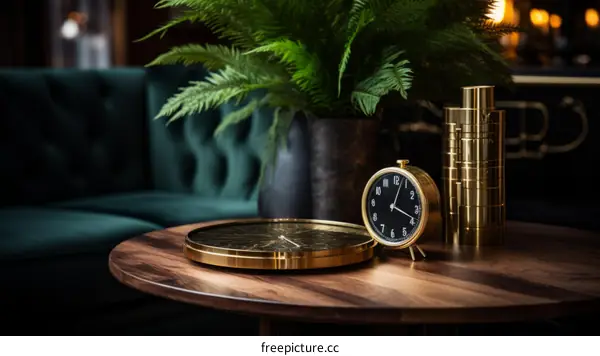 Elegant still life with a clock and a decorative plant