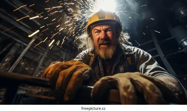 Welding sparks from bearded man wearing hardhat