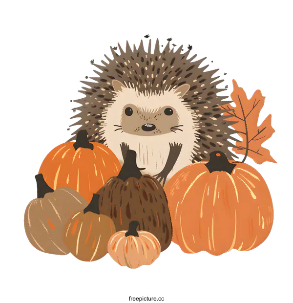 [Transparent Background PNG]Cute Hedgehog with Pumpkins Autumn Illustration