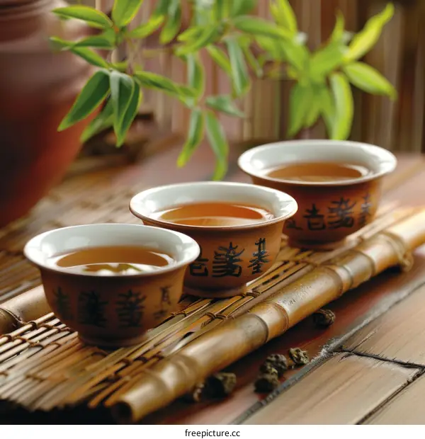 Three Chinese teacups on a bamboo mat with green tea leaves and a bamboo plant in the background