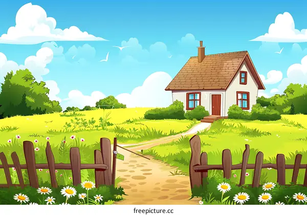 Summer Countryside House with Green Grass and White Fence