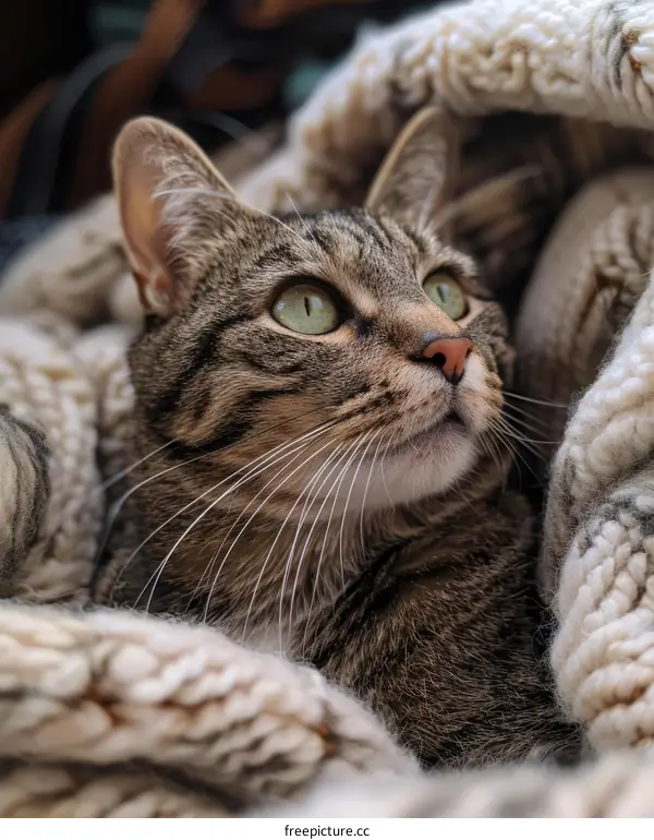 A cute tabby cat looking up