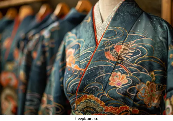 A kimono with a pattern of a phoenix and flowers