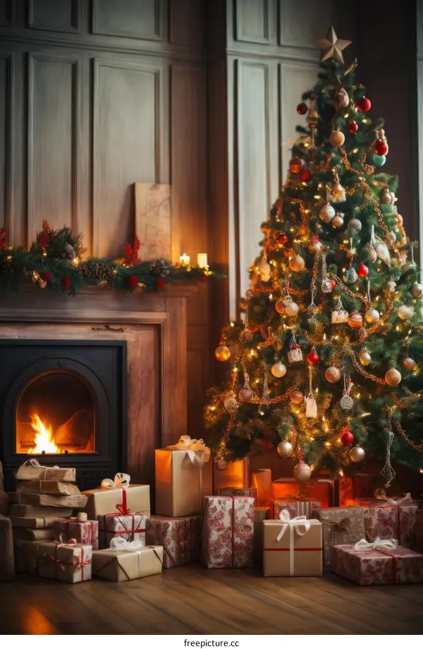 A beautiful Christmas tree with a fireplace and presents
