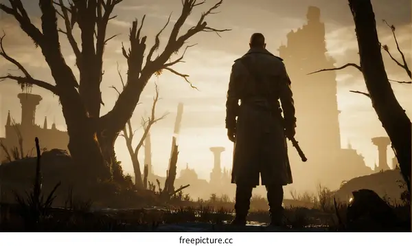 Mysterious Figure Standing in Abandoned City with Ancient Architecture