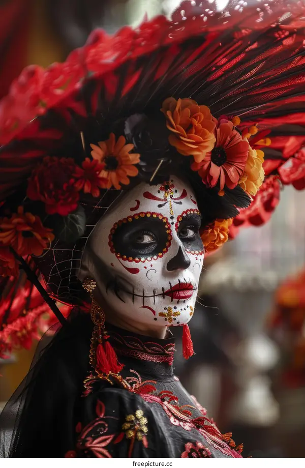 Woman Celebrating Day of the Dead with Traditional Makeup and Headdress
