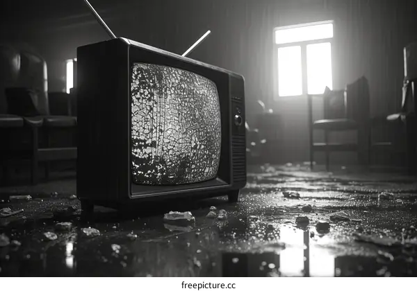 A lone television sits in a flooded room