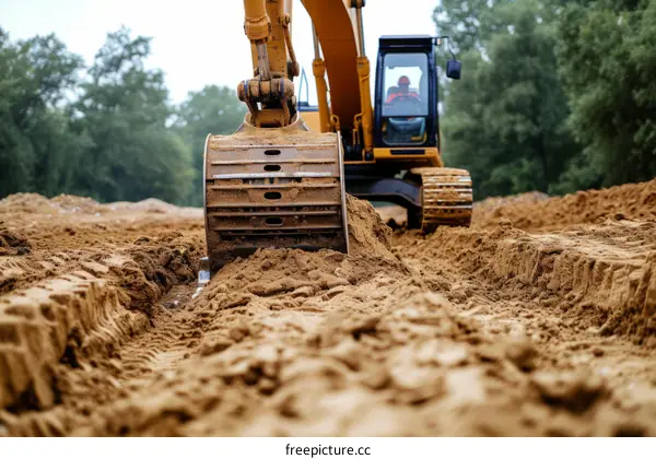 An excavator is digging a trench in the sand