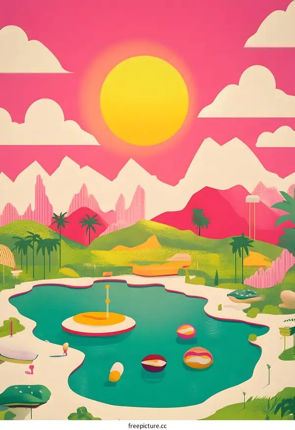 Abstract Illustration of a Fantasy Landscape with Palm Trees and a Pool
