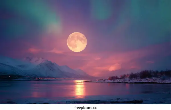 Winter Nightscape with Aurora and Full Moon