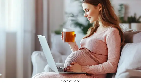 Pregnant Woman Relaxing with Laptop and Tea