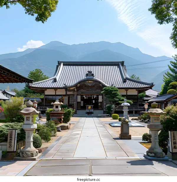 Japanese Traditional Architecture Temple with Stone Lanterns and Mountain Background