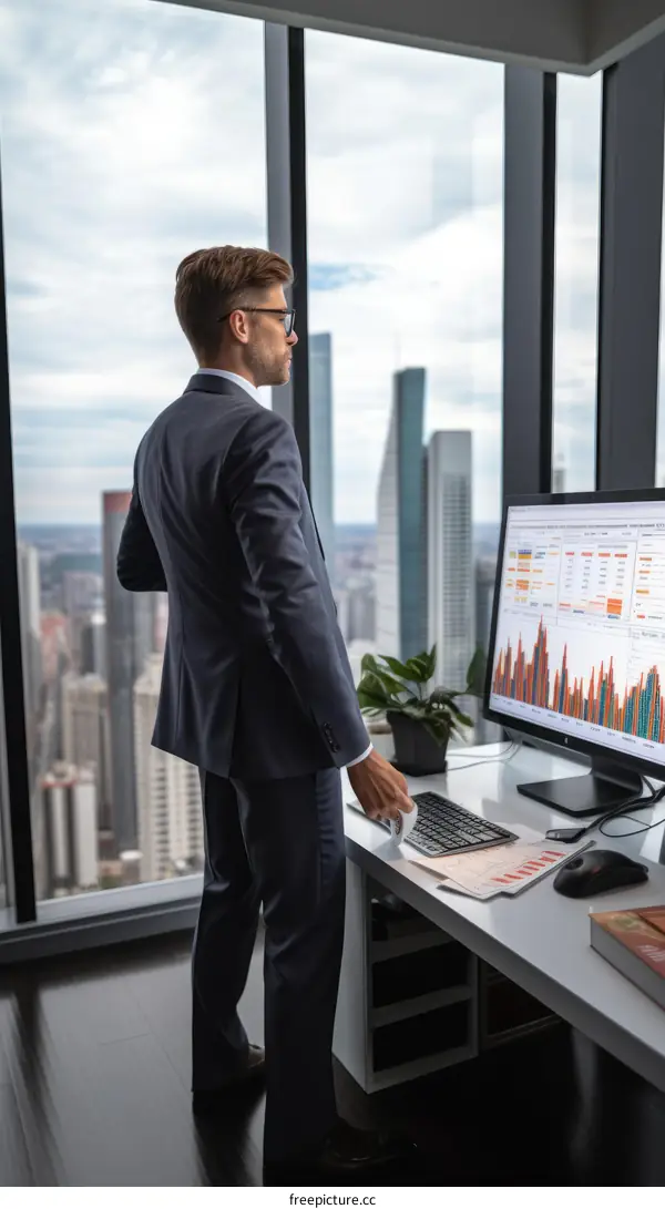Businessman looking at the city from his office window