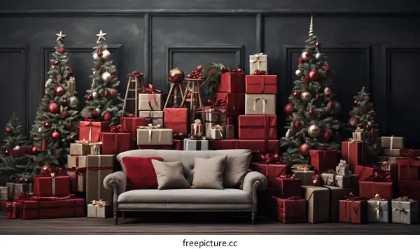 A living room with a couch, Christmas trees, and a lot of presents