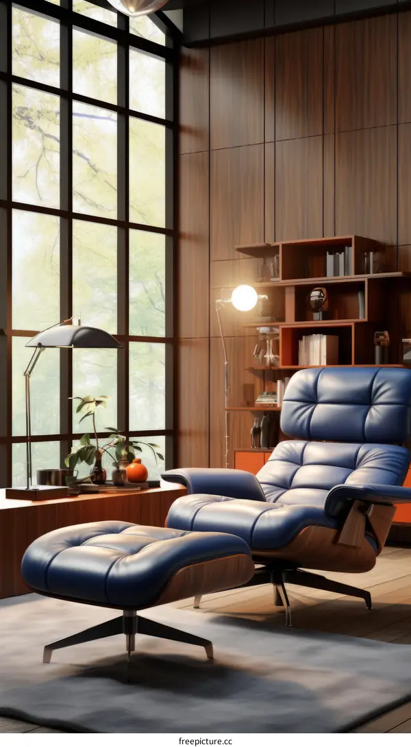 Blue leather armchair and ottoman in a modern living room
