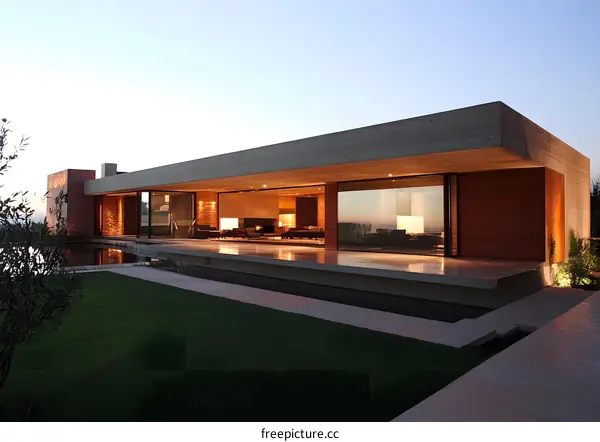 Modern Concrete House with Large Windows and Pool
