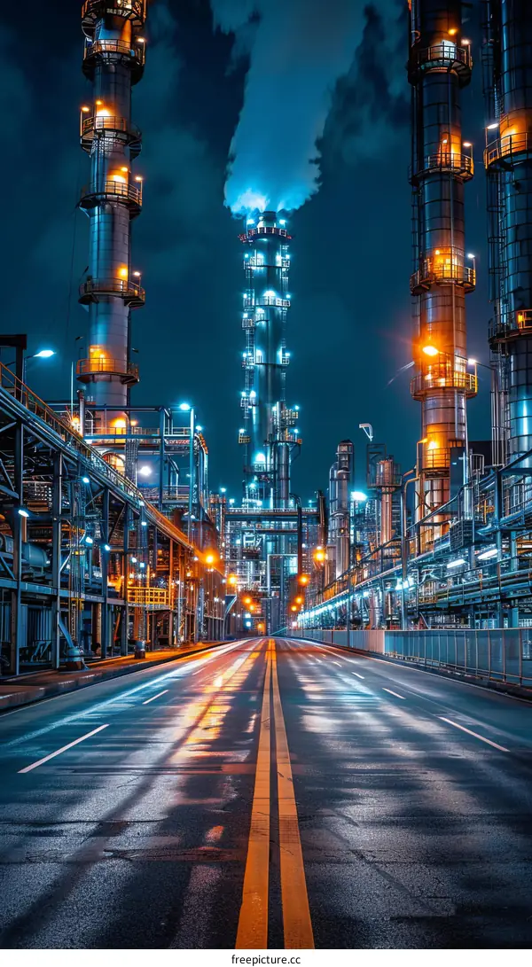 An empty road in an industrial area with a large factory in the background