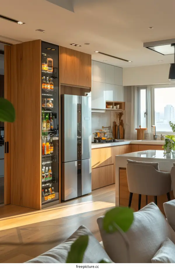 Open-concept kitchen with wood cabinets and stainless steel appliances
