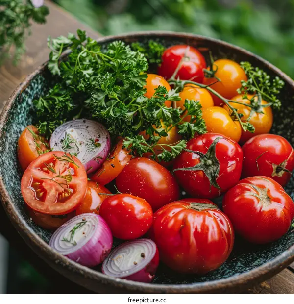 Vibrant bowl of fresh organic vegetables, including red and yellow tomatoes, red onion, and parsley