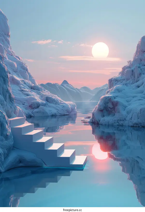 Fantasy landscape with stairs leading to a body of water with large icy mountains in the background