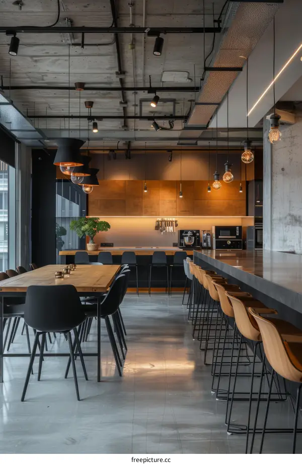 Modern office interior with a long wooden table, chairs, and a bar counter