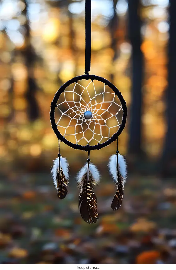 Dreamcatcher with Feathers Hanging in the Forest