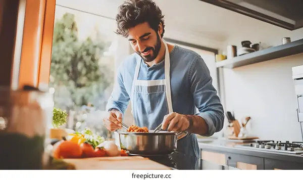 Man in Kitchen Cooking Meal with Vegetables