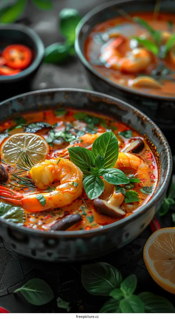 A delicious bowl of tom yum soup with shrimp, mushrooms, and vegetables.