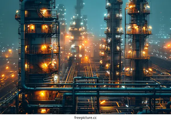 Illuminated Oil Refinery at Night with Starry Sky