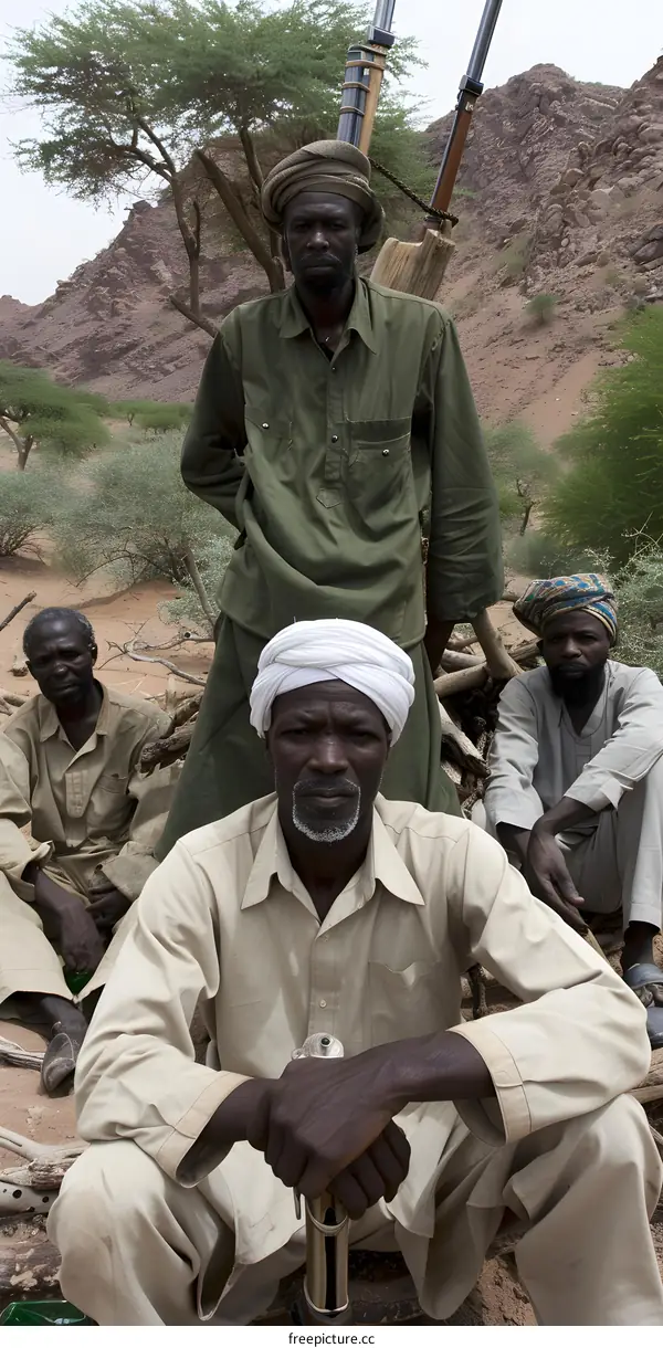Three African Men Sitting with Guns in a Desert Landscape