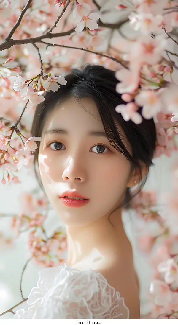 Woman in White Dress Surrounded by Pink Cherry Blossoms