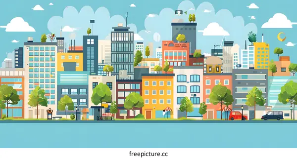 Modern Cityscape with Green Roofs and Trees