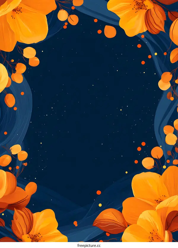 Orange Flowers Frame On Navy Blue Background