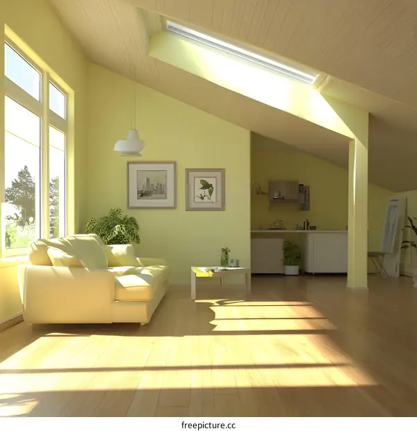 Modern Living Room with Skylight and Yellow Walls