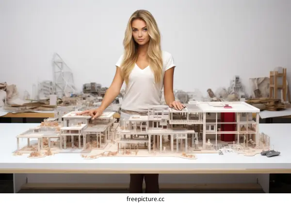An architect woman working on a model house