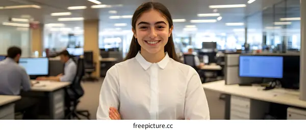 Smiling Woman in White Shirt in an Office Environment