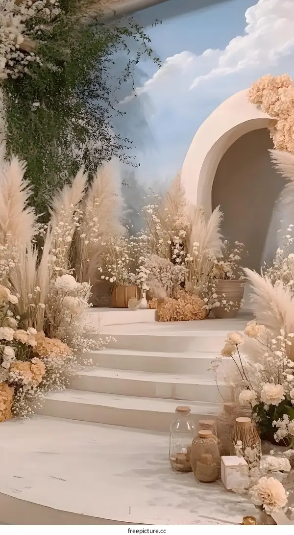 White Flower Wedding Decoration with Arch and Stairs