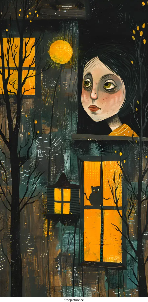 A girl and a cat in the window at night