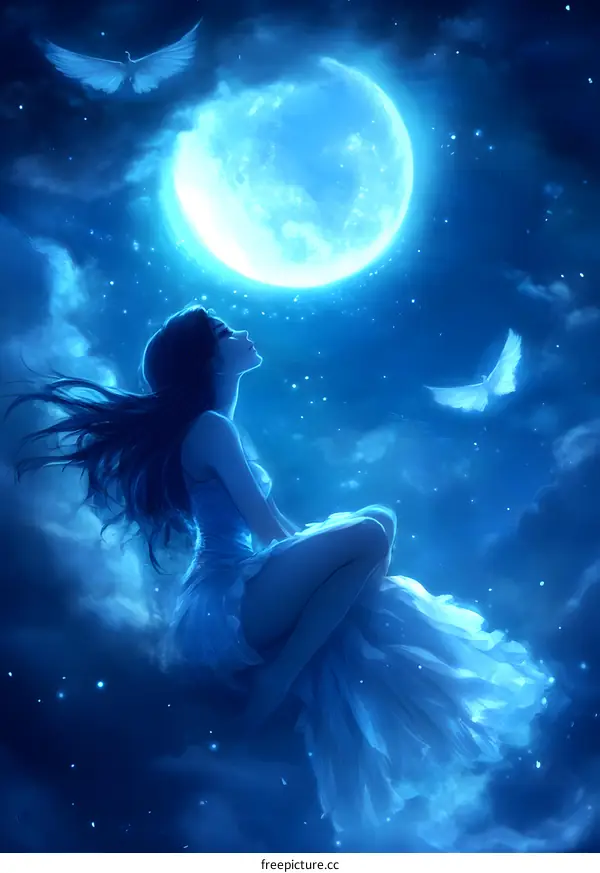 Fantasy Woman Sitting on Clouds Looking at the Moon