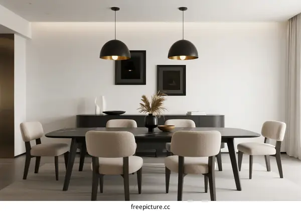 Modern minimalist dining room with black pendant lights and beige chairs