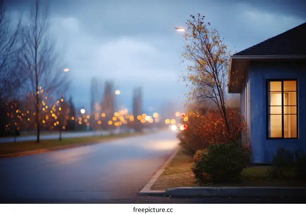 Twilight Street Scene with Cozy House