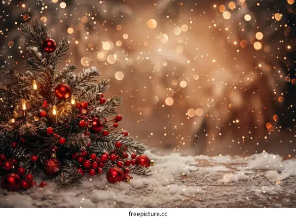 Christmas Tree with Red Ornaments and String Lights