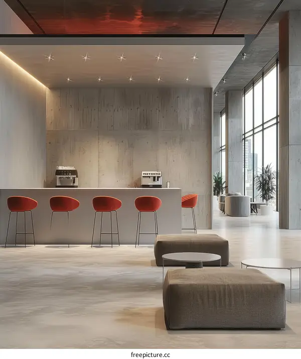 Modern office interior with bar stools and coffee machine