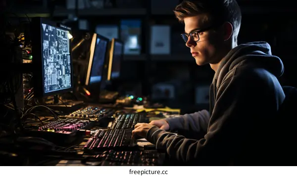 Young male hacker in glasses working on a computer in a dark room