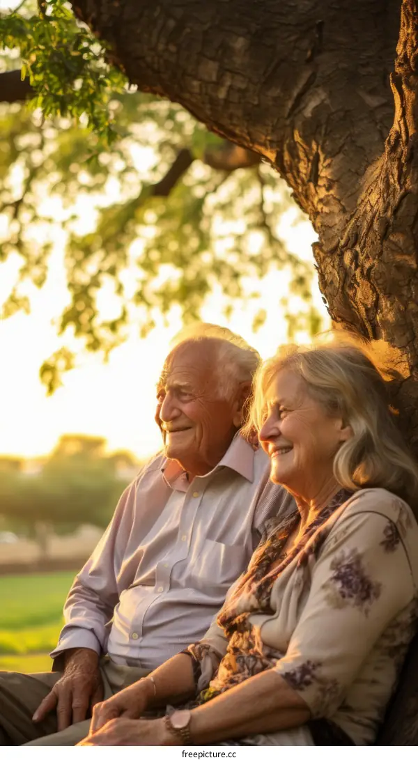 Elderly couple sitting on a bench in the park